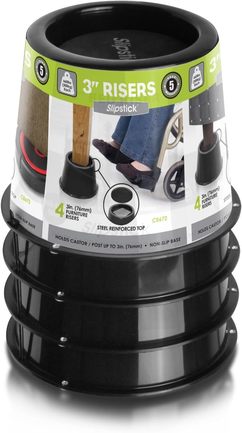 Slipstick CB672 رافعات سرير / أثاث متميزة بارتفاع 3 بوصة مع حامل عجلات معزز بالفولاذ، ترفع الارتفاع 3" (عبوة 4) تدعم 2,640 رطل، أسود، قابلة للتكديس مع CB671 - Image 1