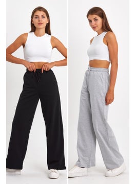 mmetalic Black-Grey Women's Seasonal Loose Wide Comfortable Leg 2-Piece Sweatpants with Side Pockets  - Image 1