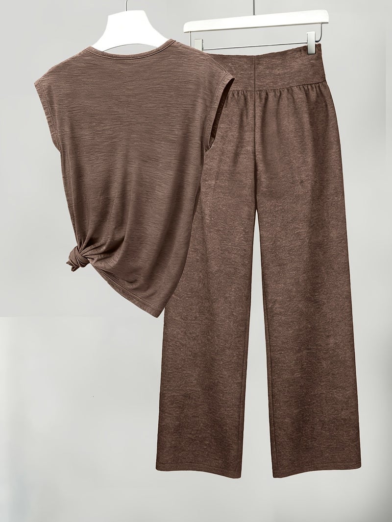 Women's V-Neck Short Sleeve T-Shirt And Long Pants Set, Easy Design, Comfortable Fit, Medium-Stretch Fabric - Image 2