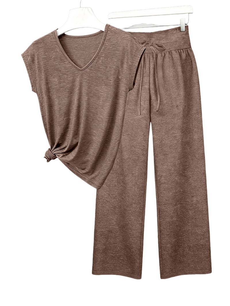 Women's V-Neck Short Sleeve T-Shirt And Long Pants Set, Easy Design, Comfortable Fit, Medium-Stretch Fabric - Image 1