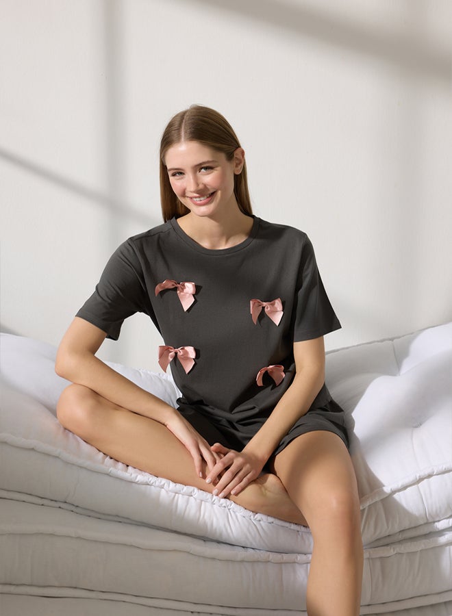 trendyol Anthracite 100% Cotton Ribbon/Bow Shorts Knitted Pajama Set - Image 1