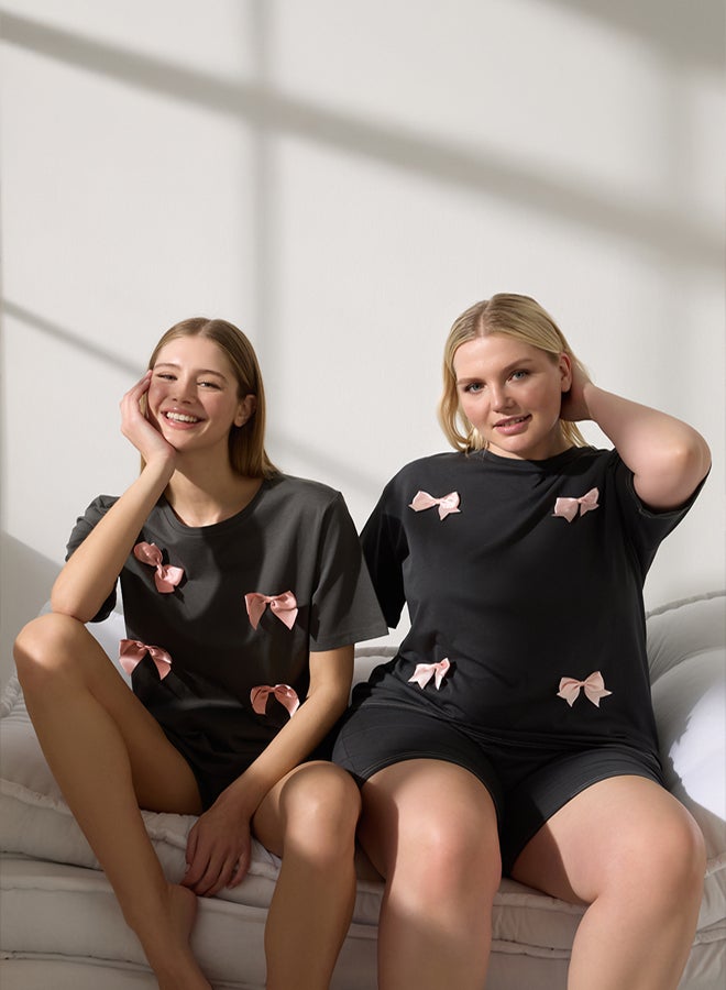 trendyol Anthracite 100% Cotton Ribbon/Bow Shorts Knitted Pajama Set - Image 2