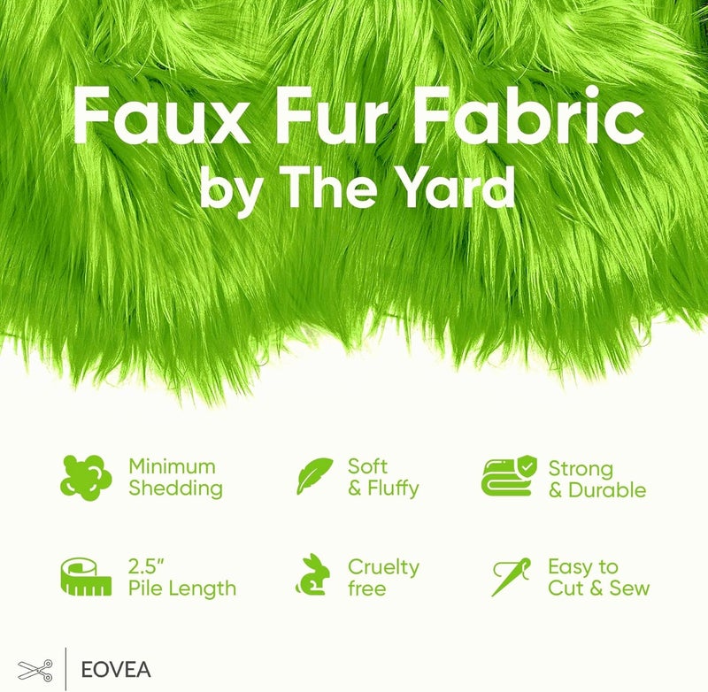 EOVEA Shaggy Faux Fur Fabric by The Yard – 60” Wide | Fluffy, Soft Fake Fur Material for Sewing, Crafts, Costumes, Upholstery & Home Decor | Long Pile Plush Fabric(Lime Green, One Yard) - Image 2