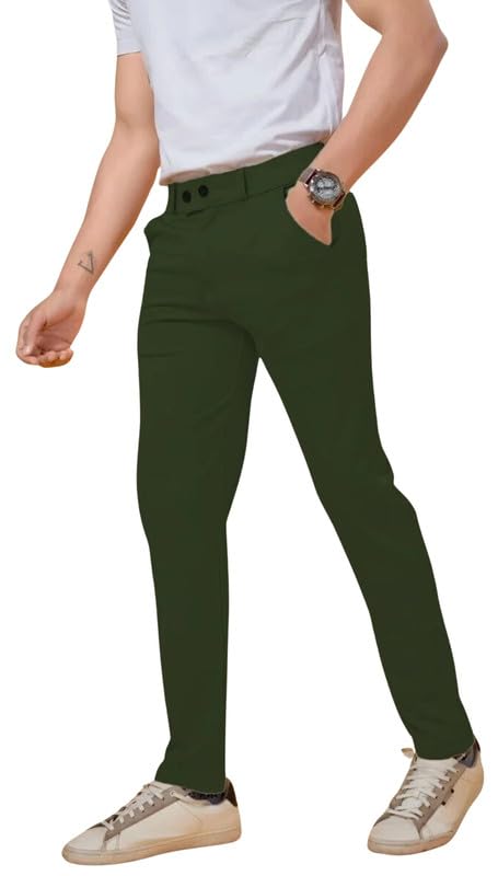 NoseQueen Men's Slim Fit Cargo Trousers | Stretchable Formal Men Trousers | Stylish Slim Fit Trouser for Men | Polycotton Knitted Fabric Pant for Man Green - Image 1