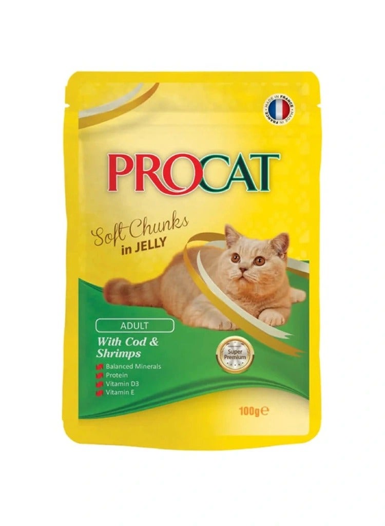 بروكات مع سمك القد والروبيان في الجيلي – طعام للقطط البالغة (100 جم)