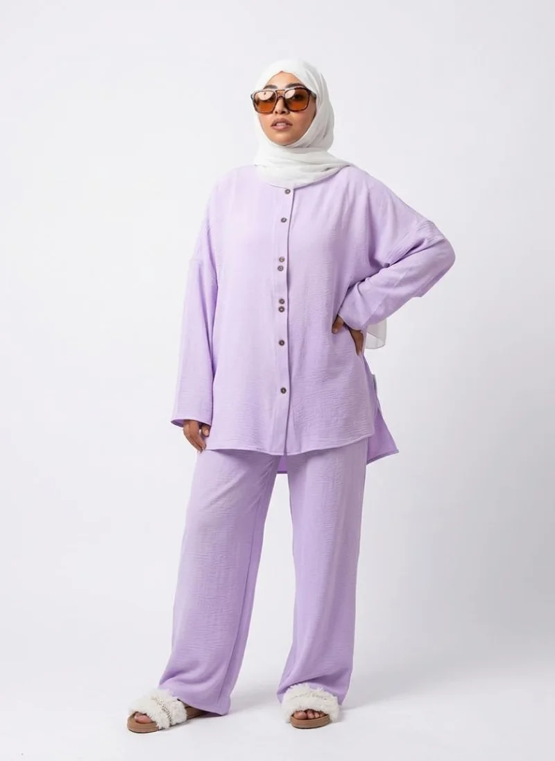 Purple Scada Crepe Shirt & Wide-Leg Pants Set