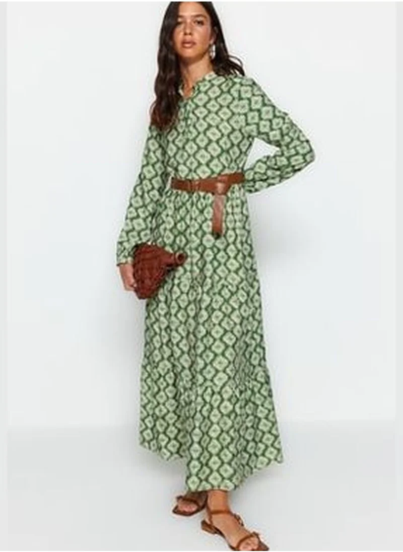 trendyol Green Floral Patterned Lined Woven Dress with a Belt and Ruffles TCTSS23EB00111