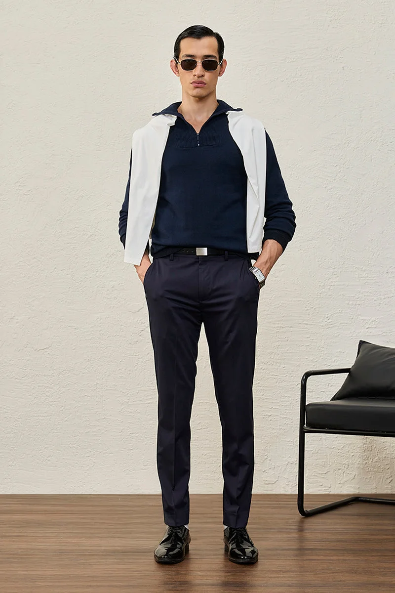 SNITCH Navy Blue Solid Slim Fit Formal Trousers