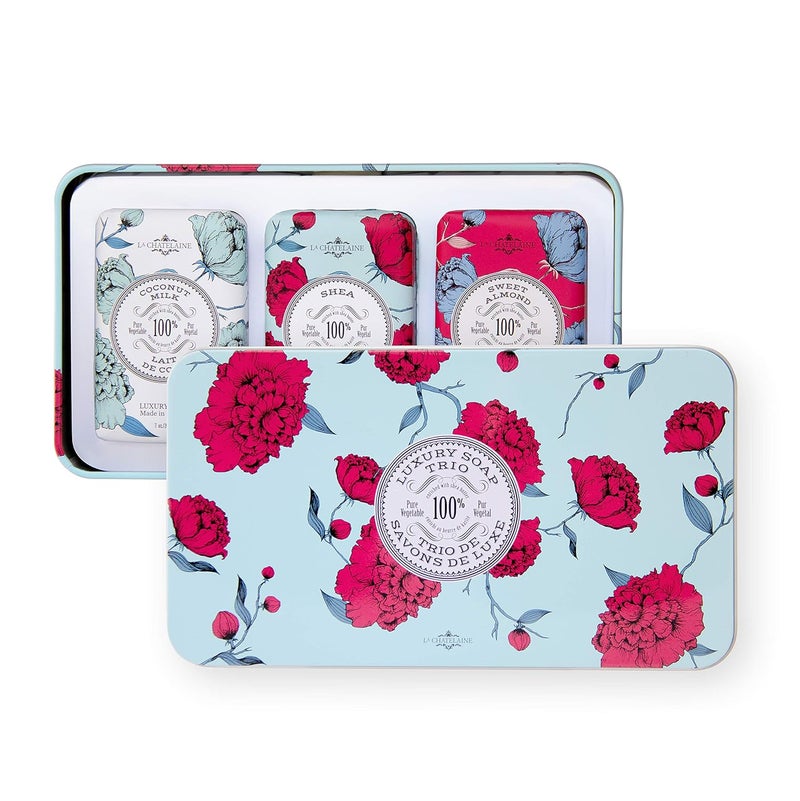 La Chatelaine Luxury Bar Soap Trio Gift Set Tin  Made in France  Natural and Organic  Shea Butter Formula  3 x 7 oz  200g Aqua Soap Trio Coconut Milk Shea Sweet Almond