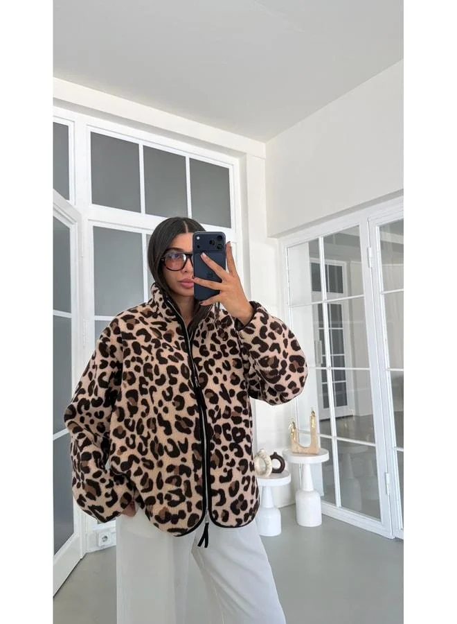 Gaus Leopard Patterned Zip-up Fleece Sweatshirt GAUS-01916 GAUS-01990.