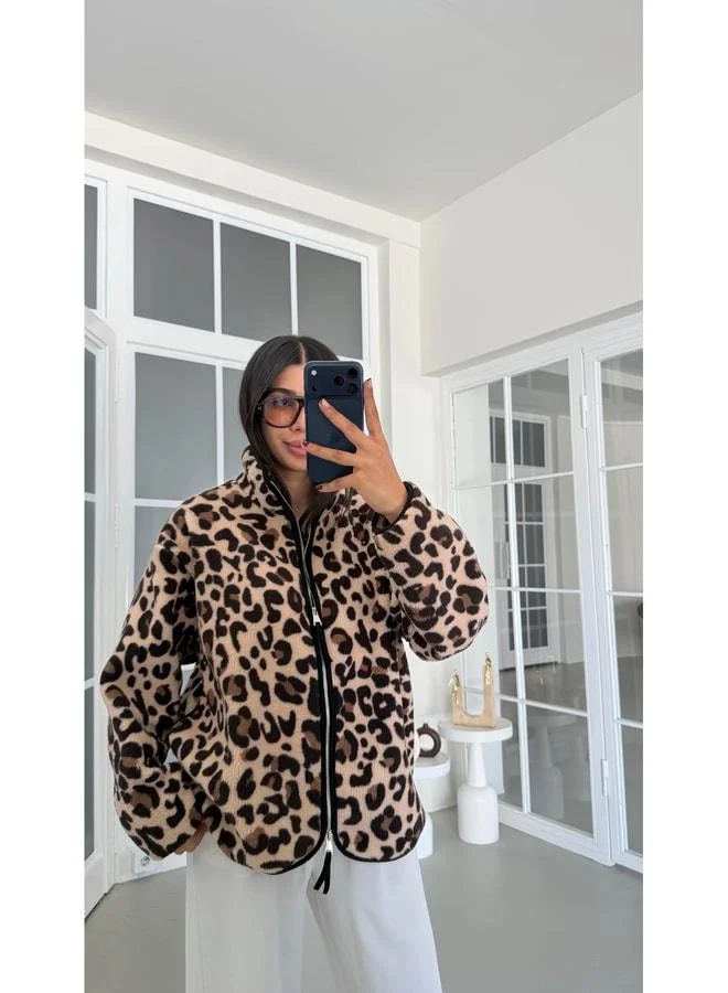 Gaus Leopard Patterned Zip-up Fleece Sweatshirt GAUS-01916 GAUS-01990.
