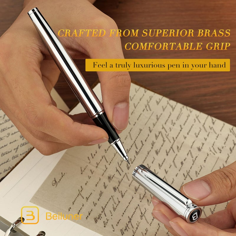 BEILUNER Luxury Silver Rollerball Pen, Stunning Bright Silver Chrome Finish,Noble and Elegant Designs,Schneider Ink Refill, Best Gift Pen for Men & Women, Professional, Executive Office, Fancy Pens - Image 5
