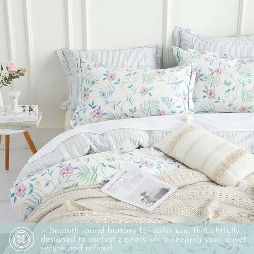 ALEISSEL Elegant 100% Cotton Duvet Cover Queen Size - Petal Pink Flowers & Sage Branches on Soft White,Fine Striped Back, Neutural Bedding Set 3Pcs with Button Closure (Queen,90"x90") - Image 2
