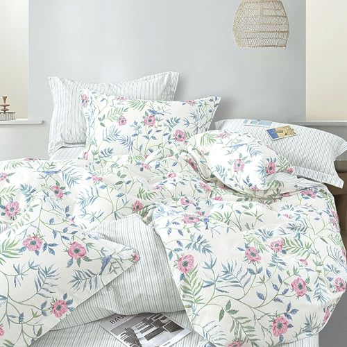 ALEISSEL Elegant 100% Cotton Duvet Cover Queen Size - Petal Pink Flowers & Sage Branches on Soft White,Fine Striped Back, Neutural Bedding Set 3Pcs with Button Closure (Queen,90"x90") - Image 1