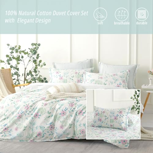 ALEISSEL Elegant 100% Cotton Duvet Cover Queen Size - Petal Pink Flowers & Sage Branches on Soft White,Fine Striped Back, Neutural Bedding Set 3Pcs with Button Closure (Queen,90"x90") - Image 3
