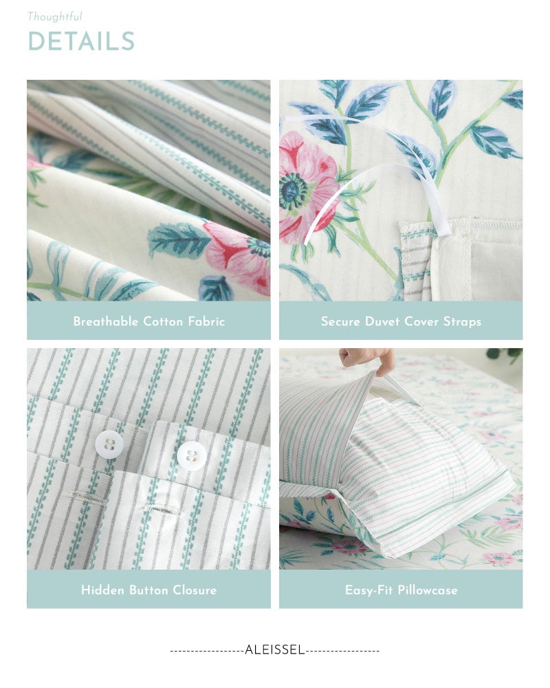 ALEISSEL Elegant 100% Cotton Duvet Cover Queen Size - Petal Pink Flowers & Sage Branches on Soft White,Fine Striped Back, Neutural Bedding Set 3Pcs with Button Closure (Queen,90"x90") - Image 5