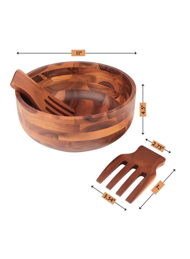 AIDEA Acacia Wood Salad Bowl Set with 2 Wooden Hands, Large Salad Bowl with Serving Utensils, Big Mixing Bowl for Fruits, Salad, Cereal, Corn flake,Pasta 11" Diameter x 4.5" Height - Image 2