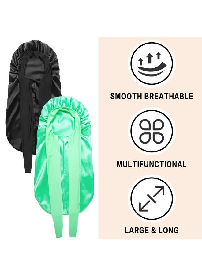 WOZUTUNT 2Pcs Bonnets for Black Women Braid Bonnet, Large Long Satin Bonnet for Braids Sleeping, Black Women Satin Silk Bonnet with Stretchy Tie Band Sleep Bonnet Cap for Long Curly Hair Braids (Black & Green) - Image 3