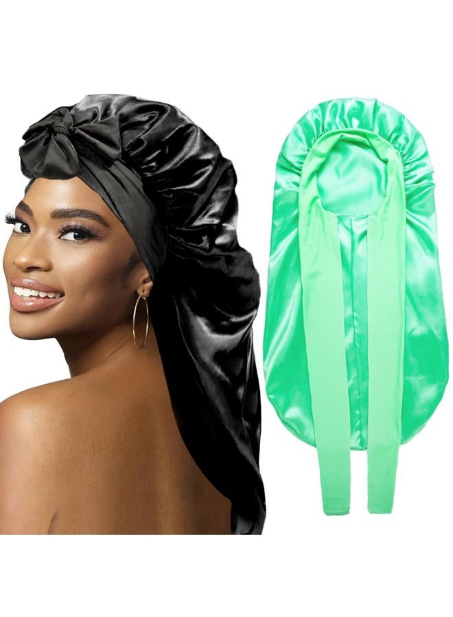 WOZUTUNT 2Pcs Bonnets for Black Women Braid Bonnet, Large Long Satin Bonnet for Braids Sleeping, Black Women Satin Silk Bonnet with Stretchy Tie Band Sleep Bonnet Cap for Long Curly Hair Braids (Black & Green) - Image 1