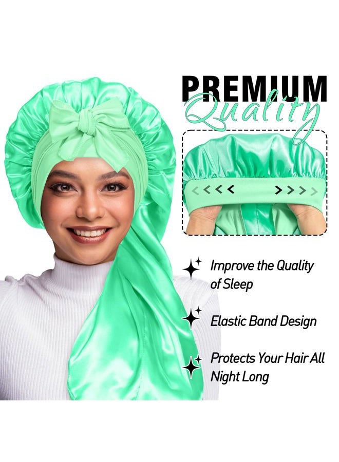 WOZUTUNT 2Pcs Bonnets for Black Women Braid Bonnet, Large Long Satin Bonnet for Braids Sleeping, Black Women Satin Silk Bonnet with Stretchy Tie Band Sleep Bonnet Cap for Long Curly Hair Braids (Black & Green) - Image 2