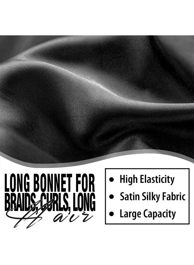 WOZUTUNT 2Pcs Bonnets for Black Women Braid Bonnet, Large Long Satin Bonnet for Braids Sleeping, Black Women Satin Silk Bonnet with Stretchy Tie Band Sleep Bonnet Cap for Long Curly Hair Braids (Black & Green) - Image 4