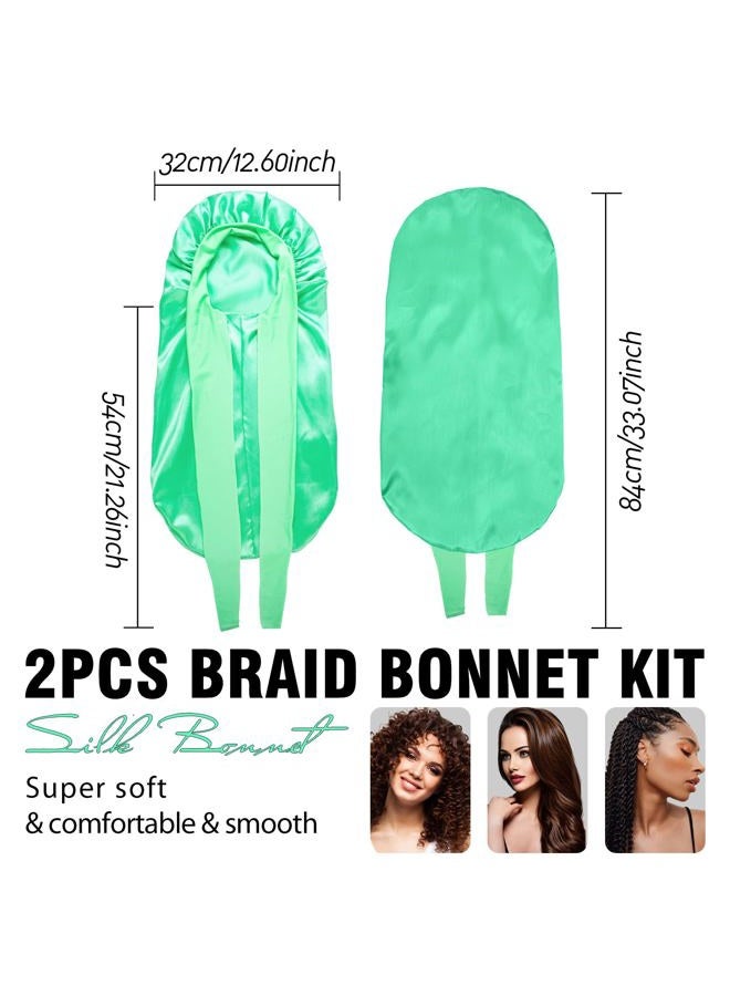 WOZUTUNT 2Pcs Bonnets for Black Women Braid Bonnet, Large Long Satin Bonnet for Braids Sleeping, Black Women Satin Silk Bonnet with Stretchy Tie Band Sleep Bonnet Cap for Long Curly Hair Braids (Black & Green) - Image 5