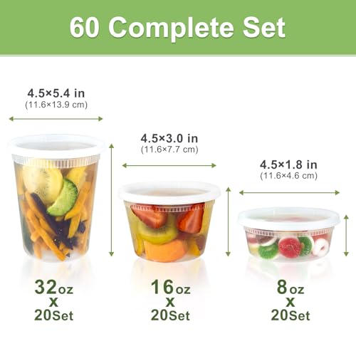 Dipoo 60 Sets (120-Piece) Deli Containers with Lids, 32/16/8 oz X 20 Set Each, Leak-Proof & BPA Free Airtight Takeout Plastic Food Storage Containers for Soup, Freezer/Microwave/Dishwasher Safe - Image 2