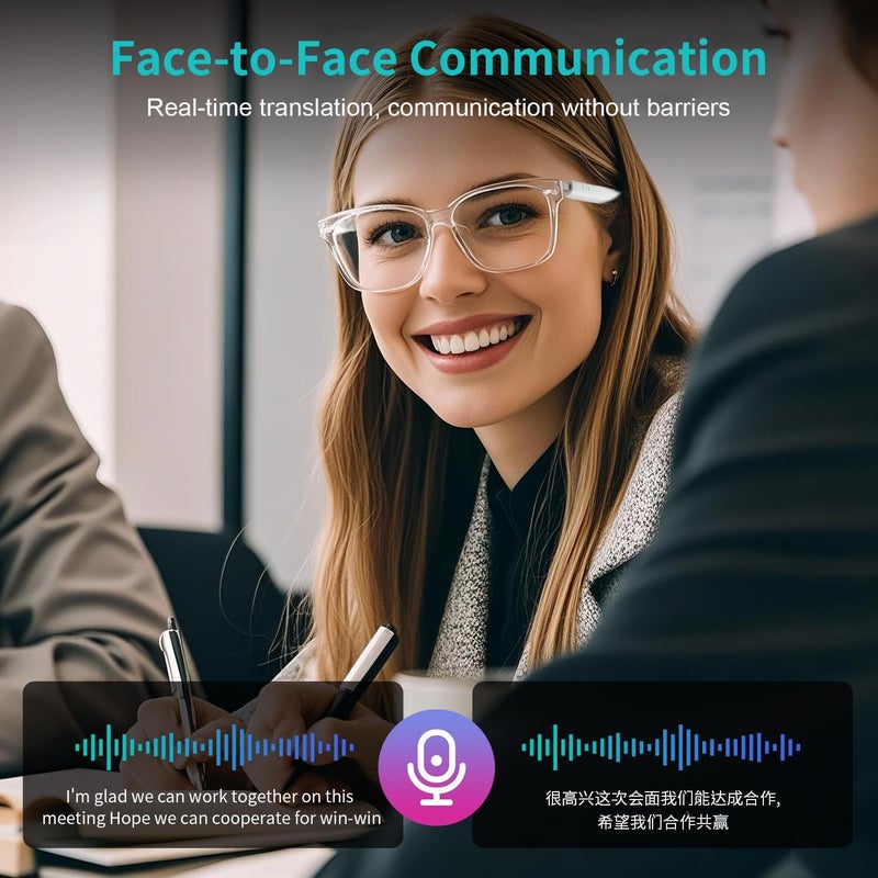 نظارات ذكية للنساء ، نظارات ترجمة الذكاء الاصطناعي تدعم 160+ لغة ، وبناء مكبرات صوت ميكروفون ، عدسات تغيير اللون إطار شفاف مع حماية الأشعة فوق البنفسجية المستقطبة للسفر الأعمال البيضاء - Image 5