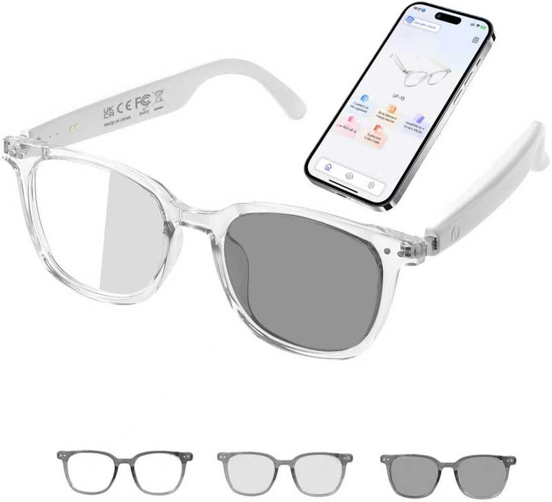 نظارات ذكية للنساء ، نظارات ترجمة الذكاء الاصطناعي تدعم 160+ لغة ، وبناء مكبرات صوت ميكروفون ، عدسات تغيير اللون إطار شفاف مع حماية الأشعة فوق البنفسجية المستقطبة للسفر الأعمال البيضاء - Image 1