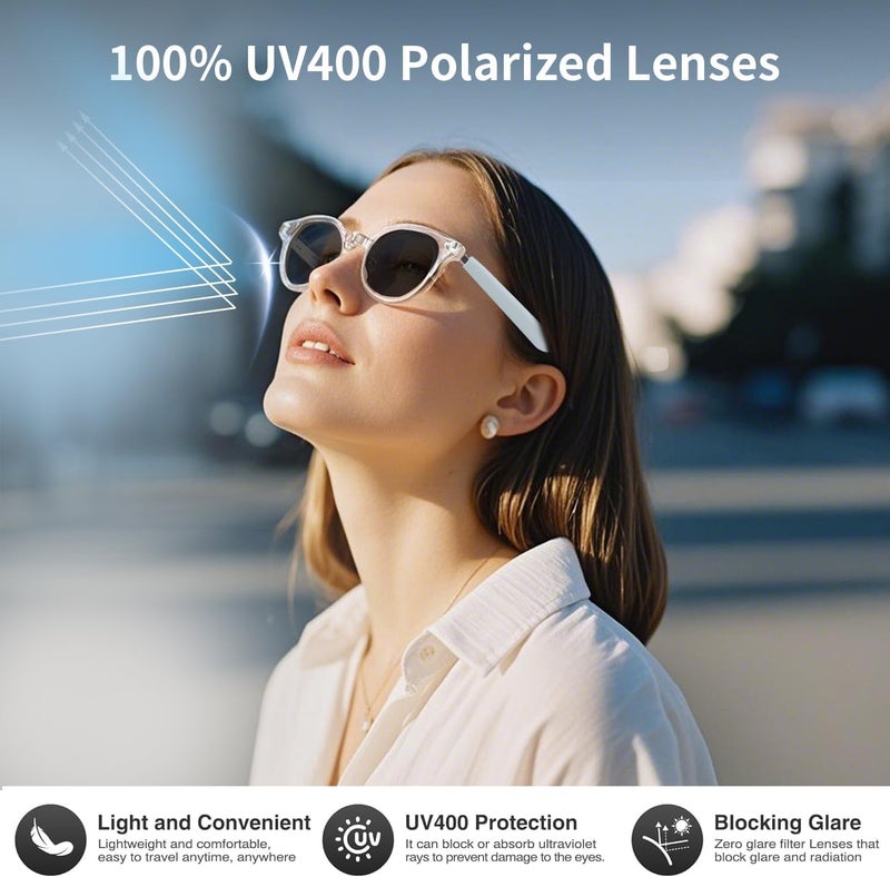 نظارات ذكية للنساء ، نظارات ترجمة الذكاء الاصطناعي تدعم 160+ لغة ، وبناء مكبرات صوت ميكروفون ، عدسات تغيير اللون إطار شفاف مع حماية الأشعة فوق البنفسجية المستقطبة للسفر الأعمال البيضاء - Image 4