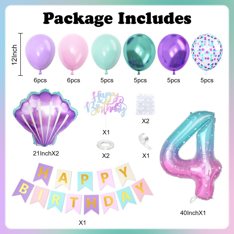 Vibzox 4th Mermaid Birthday Decoration for Girls,Pink Purple Green 4th Birthday Balloon Number 4 Seashell Foil Balloons Banner Mermaid Sea Party Decor Supplies for 4 Year Old - Image 2