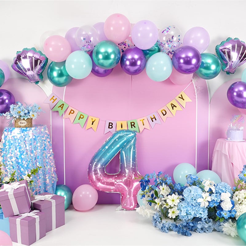 Vibzox 4th Mermaid Birthday Decoration for Girls,Pink Purple Green 4th Birthday Balloon Number 4 Seashell Foil Balloons Banner Mermaid Sea Party Decor Supplies for 4 Year Old - Image 3