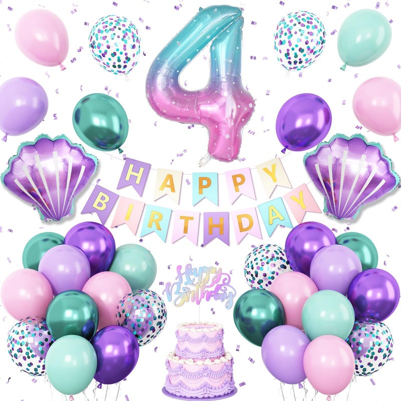 Vibzox 4th Mermaid Birthday Decoration for Girls,Pink Purple Green 4th Birthday Balloon Number 4 Seashell Foil Balloons Banner Mermaid Sea Party Decor Supplies for 4 Year Old - Image 1