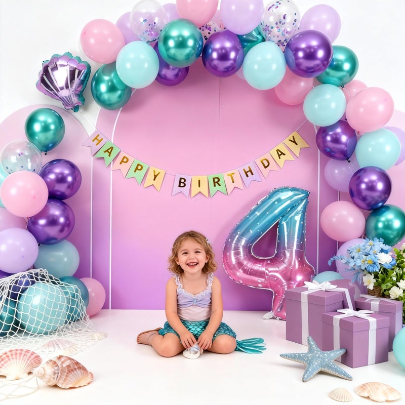 Vibzox 4th Mermaid Birthday Decoration for Girls,Pink Purple Green 4th Birthday Balloon Number 4 Seashell Foil Balloons Banner Mermaid Sea Party Decor Supplies for 4 Year Old - Image 5