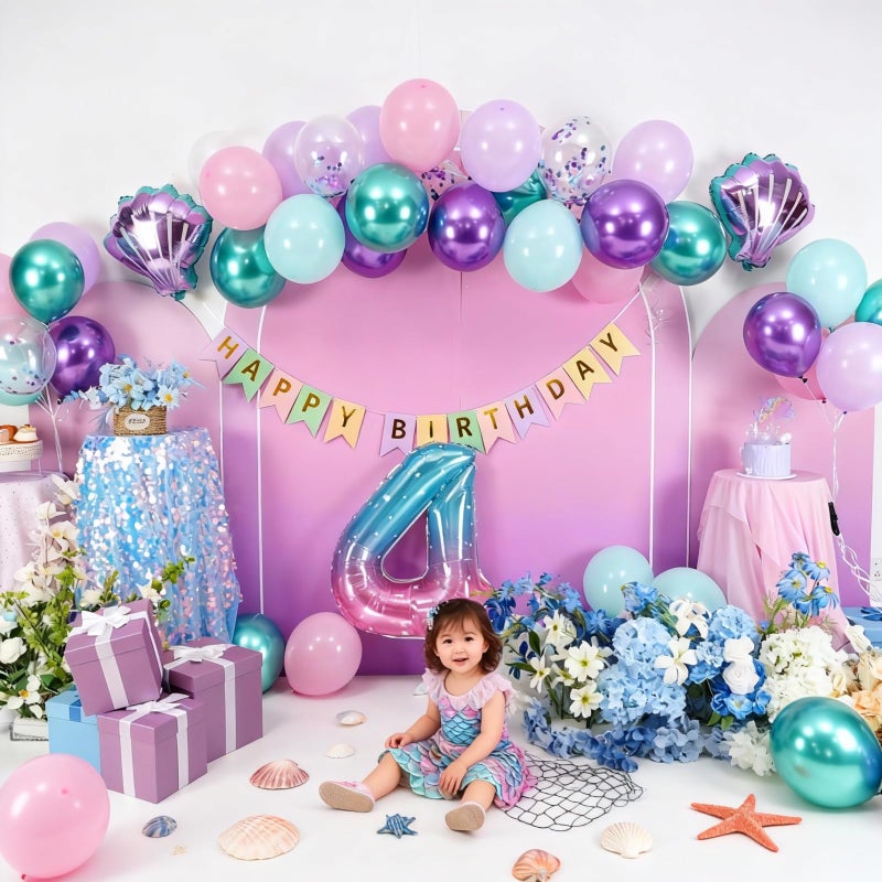 Vibzox 4th Mermaid Birthday Decoration for Girls,Pink Purple Green 4th Birthday Balloon Number 4 Seashell Foil Balloons Banner Mermaid Sea Party Decor Supplies for 4 Year Old - Image 4