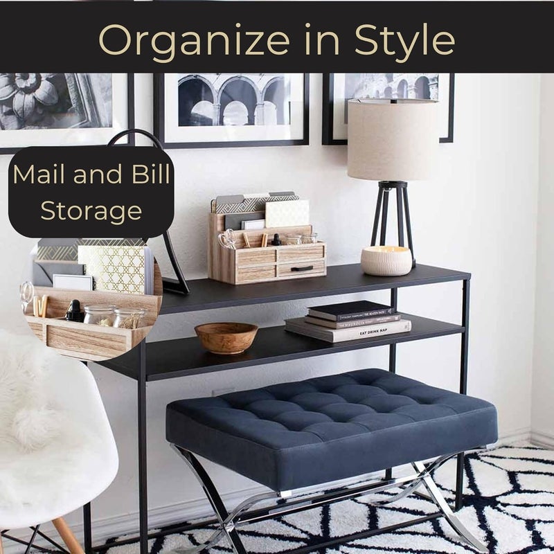 Blu Monaco | Natural Wood Mail Organizer with Drawer & Pen Holder | Rustic Desk Organizer for Bills, Letters & Countertop Storage | Wooden Desktop Mail Sorter for Home & Kitchen - Image 2