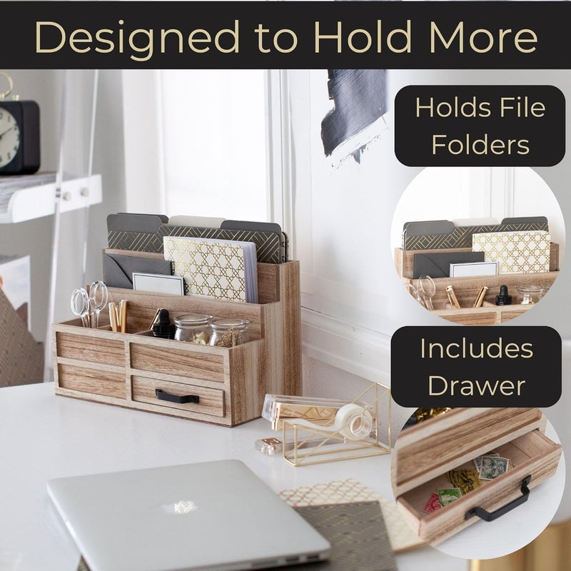Blu Monaco | Natural Wood Mail Organizer with Drawer & Pen Holder | Rustic Desk Organizer for Bills, Letters & Countertop Storage | Wooden Desktop Mail Sorter for Home & Kitchen - Image 4