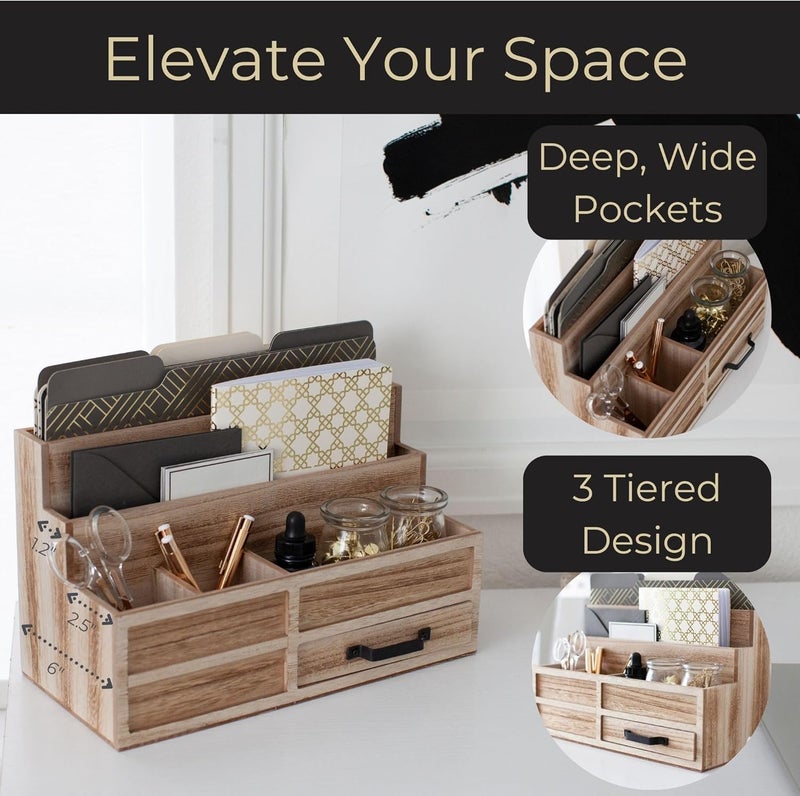 Blu Monaco | Natural Wood Mail Organizer with Drawer & Pen Holder | Rustic Desk Organizer for Bills, Letters & Countertop Storage | Wooden Desktop Mail Sorter for Home & Kitchen - Image 3