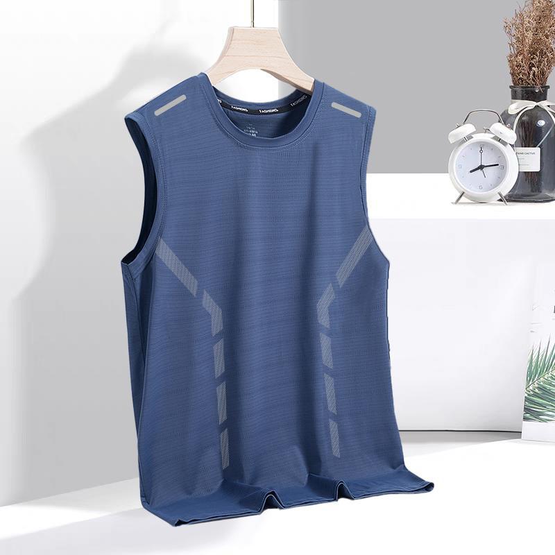 New Quick-drying Sports Vest Mens Wide Pine Summer Ice Silk Sleeveless T-shirt Fitness Training Running Basketball American Waistcoat Pure blue [side pole butterfly mesh vest] 