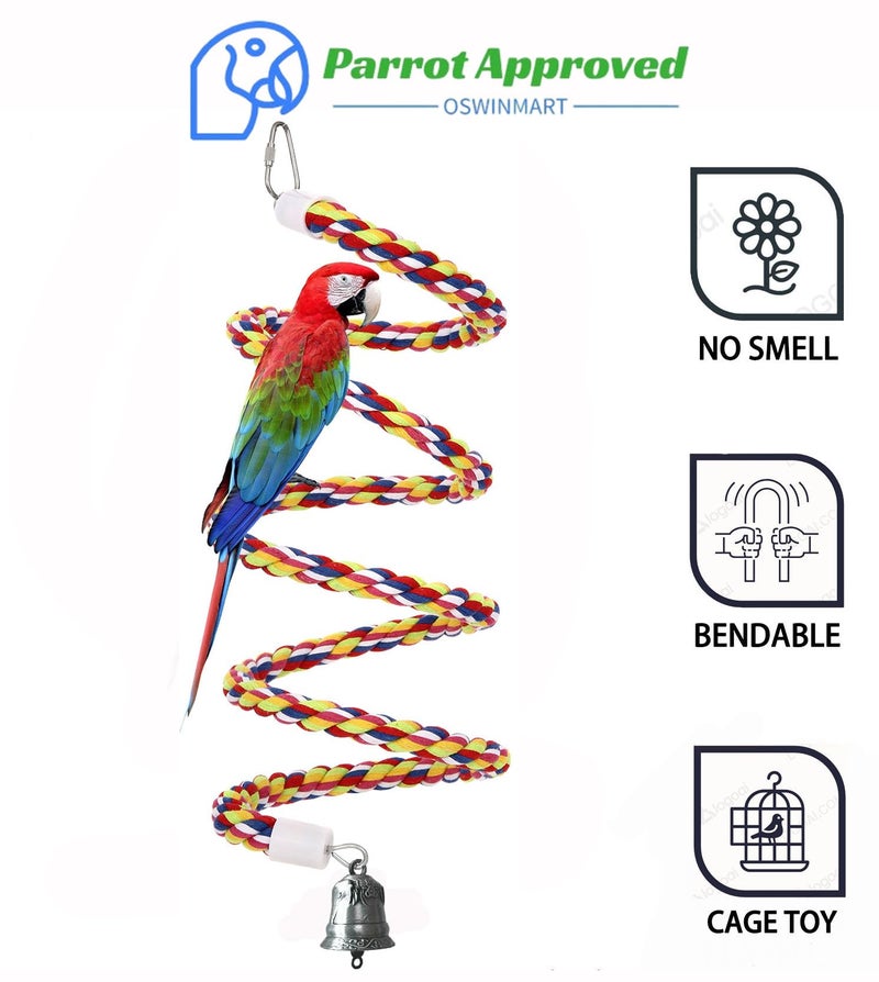 OSWINMART 2Pcs 63'' Bird Rope Perches Birdcage Swing Toys 100% Cotton Natural Bird Perch Peck/Chewing with Bell Climbing Standing Bungee Parrot Toys for Small to Regular Size Parrot Cockatiel Birds - Image 2