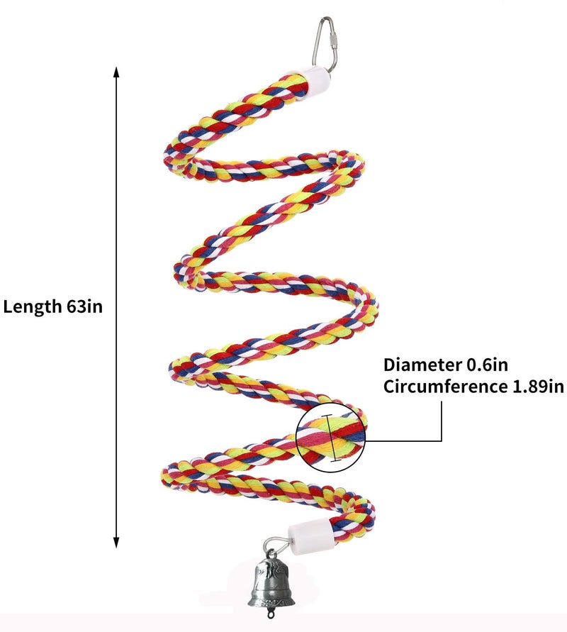 OSWINMART 2Pcs 63'' Bird Rope Perches Birdcage Swing Toys 100% Cotton Natural Bird Perch Peck/Chewing with Bell Climbing Standing Bungee Parrot Toys for Small to Regular Size Parrot Cockatiel Birds - Image 3