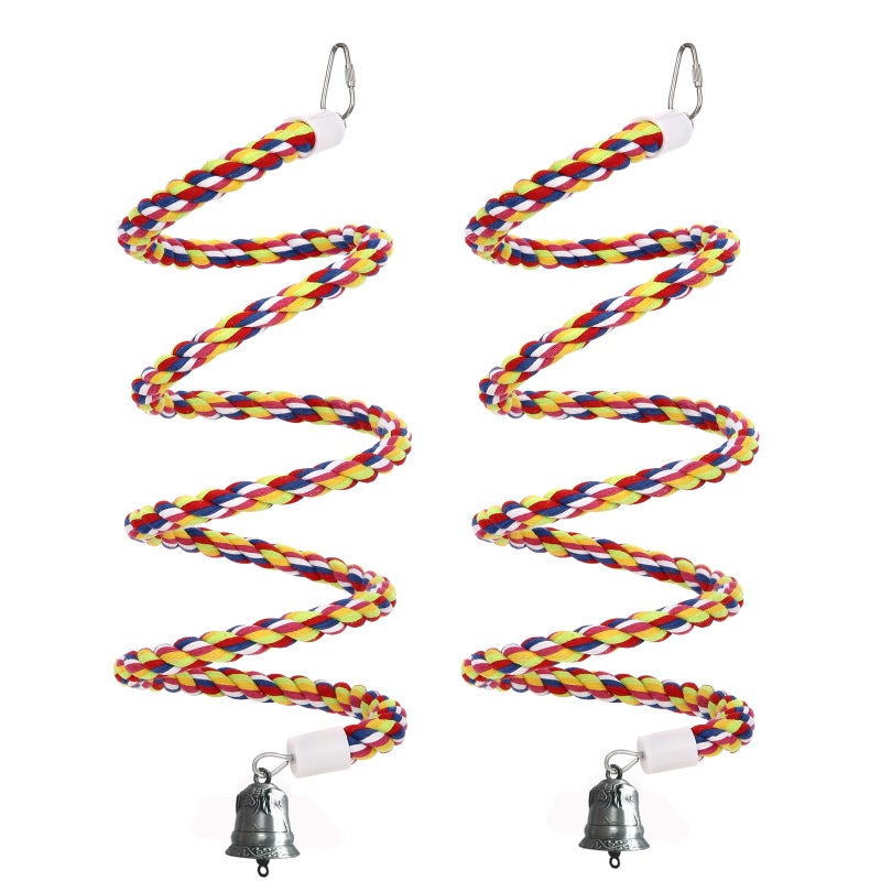 OSWINMART 2Pcs 63'' Bird Rope Perches Birdcage Swing Toys 100% Cotton Natural Bird Perch Peck/Chewing with Bell Climbing Standing Bungee Parrot Toys for Small to Regular Size Parrot Cockatiel Birds - Image 1