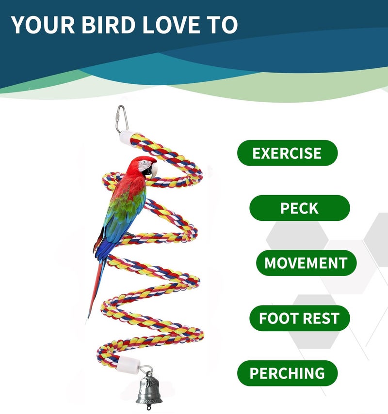 OSWINMART 2Pcs 63'' Bird Rope Perches Birdcage Swing Toys 100% Cotton Natural Bird Perch Peck/Chewing with Bell Climbing Standing Bungee Parrot Toys for Small to Regular Size Parrot Cockatiel Birds - Image 5