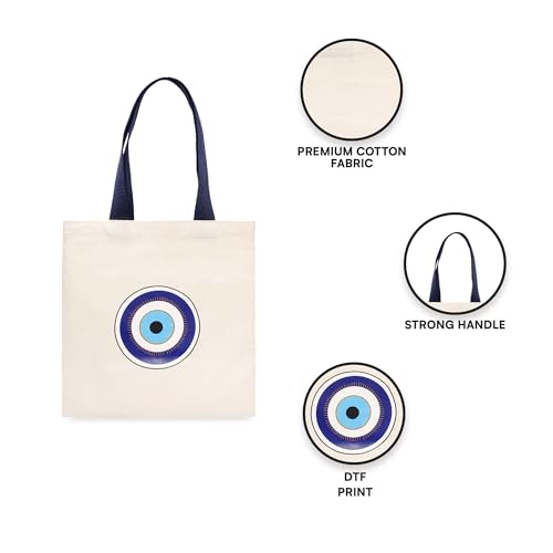 ECOCARRY Cotton Tote Bag for Women | Stylish Floral Printed Canvas Shoulder Handbag | Casual Ladies Tote for College, Office, Daily Use, Shopping, Travel & Beach (Evil- Eye, Off-White) - Image 3