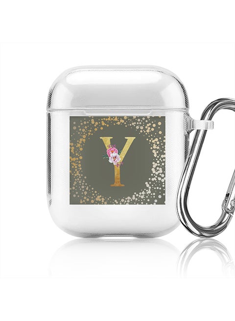Classic Clear printed Case for Apple Airpods 2 / 1 Soft TPU Gel Thin Transparent Flexible Cover - Custom Monogram Initial Letter Floral Pattern Alphabet - Y (Olive Green )