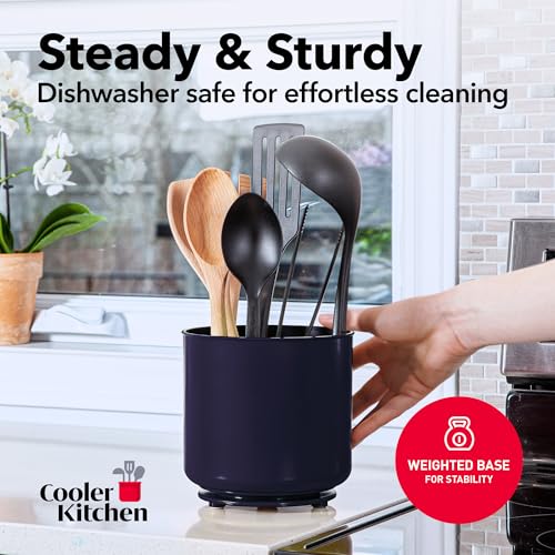 Cooler Kitchen Plastic Rotating Extra Large Utensil Holder Crock with No-Tip Weighted Base, Removable Divider, and Gripped Insert - Dishwasher Safe Kitchen Utensil Holder for Kitchen Counter: Blue Utensil Caddy - Image 4