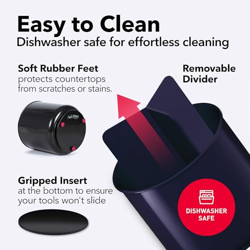 Cooler Kitchen Plastic Rotating Extra Large Utensil Holder Crock with No-Tip Weighted Base, Removable Divider, and Gripped Insert - Dishwasher Safe Kitchen Utensil Holder for Kitchen Counter: Blue Utensil Caddy - Image 3