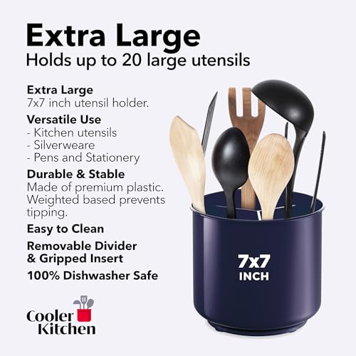 Cooler Kitchen Plastic Rotating Extra Large Utensil Holder Crock with No-Tip Weighted Base, Removable Divider, and Gripped Insert - Dishwasher Safe Kitchen Utensil Holder for Kitchen Counter: Blue Utensil Caddy - Image 5