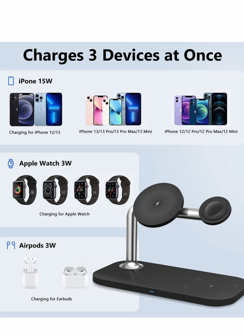Excefore - Magnetic Wireless Charging Station for Apple Series, 3-in-1 Standard 15W Fast Mag-Safe Charger Stand iPhone 14,13,12 Pro Max/Pro/Mini/Plus, iWatch Ultra/8/7/6/5/4/3/2, - Image 1
