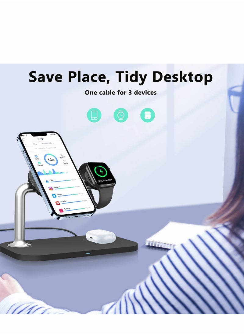 Excefore - Magnetic Wireless Charging Station for Apple Series, 3-in-1 Standard 15W Fast Mag-Safe Charger Stand iPhone 14,13,12 Pro Max/Pro/Mini/Plus, iWatch Ultra/8/7/6/5/4/3/2, - Image 1